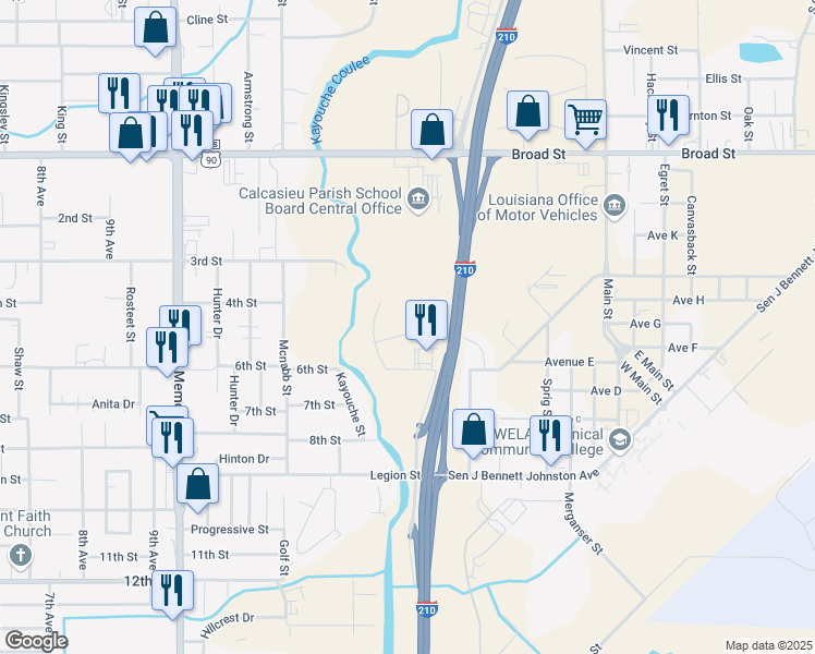 map of restaurants, bars, coffee shops, grocery stores, and more near 868 Von Blond in Lake Charles