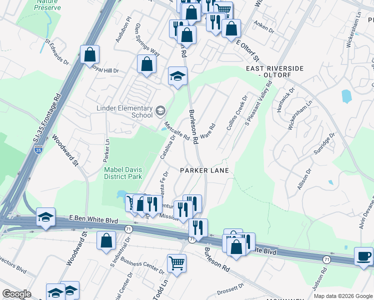 map of restaurants, bars, coffee shops, grocery stores, and more near 3007 Matador Drive in Austin