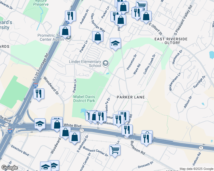 map of restaurants, bars, coffee shops, grocery stores, and more near 3102 Catalina Drive in Austin