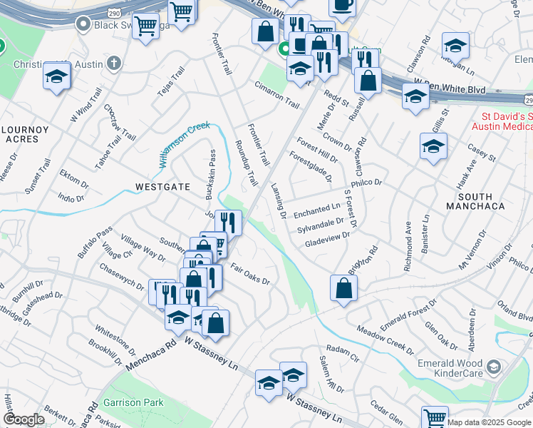 map of restaurants, bars, coffee shops, grocery stores, and more near 4911 Menchaca Road in Austin