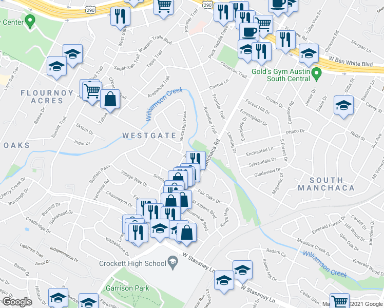map of restaurants, bars, coffee shops, grocery stores, and more near 5009 Buckskin Pass in Austin