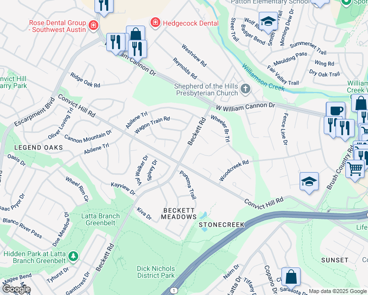 map of restaurants, bars, coffee shops, grocery stores, and more near 7202 Beckett Road in Austin