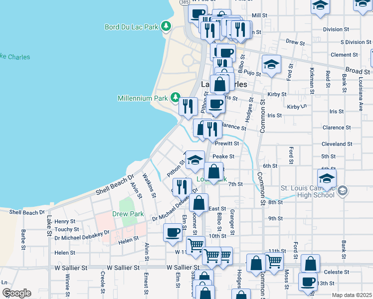 map of restaurants, bars, coffee shops, grocery stores, and more near 216 Park Avenue in Lake Charles