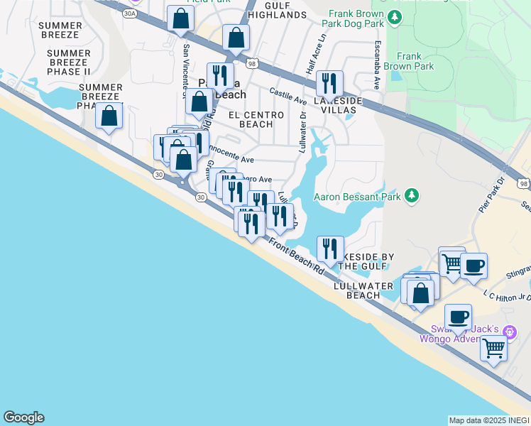 map of restaurants, bars, coffee shops, grocery stores, and more near 616 Lisbon Avenue in Panama City Beach