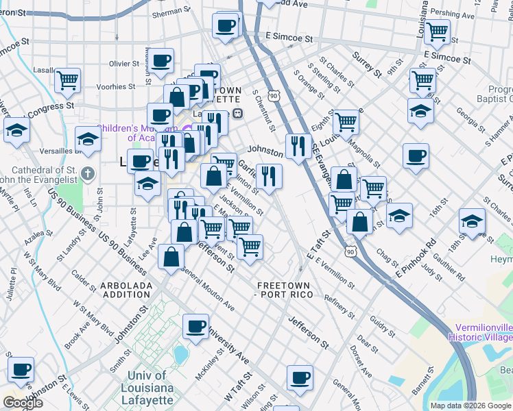 map of restaurants, bars, coffee shops, grocery stores, and more near 613 E Vermilion St in Lafayette