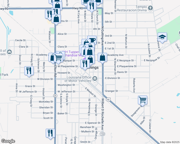 map of restaurants, bars, coffee shops, grocery stores, and more near 114 Davis Street in Jennings