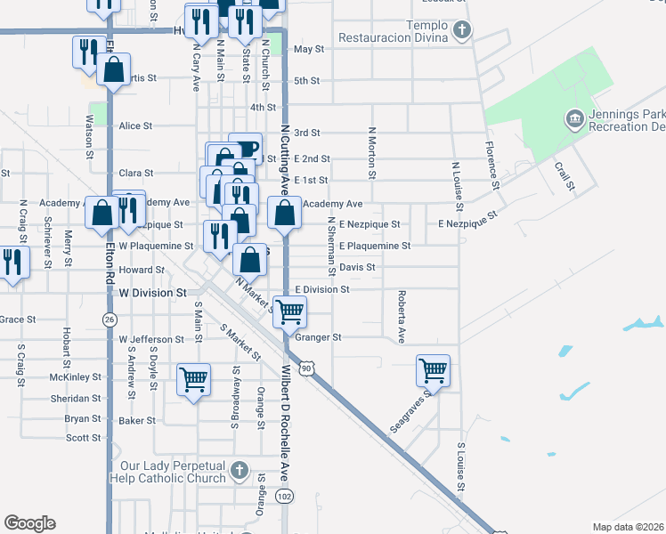 map of restaurants, bars, coffee shops, grocery stores, and more near 500 Davis Street in Jennings