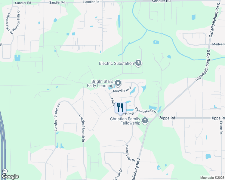 map of restaurants, bars, coffee shops, grocery stores, and more near 9711 Mayville Drive East in Jacksonville