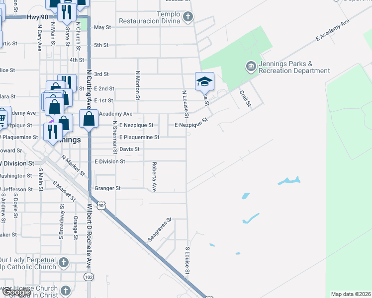map of restaurants, bars, coffee shops, grocery stores, and more near 798 Davis St in Jennings