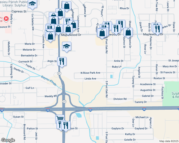 map of restaurants, bars, coffee shops, grocery stores, and more near 2204 North Rose Park Avenue in Sulphur