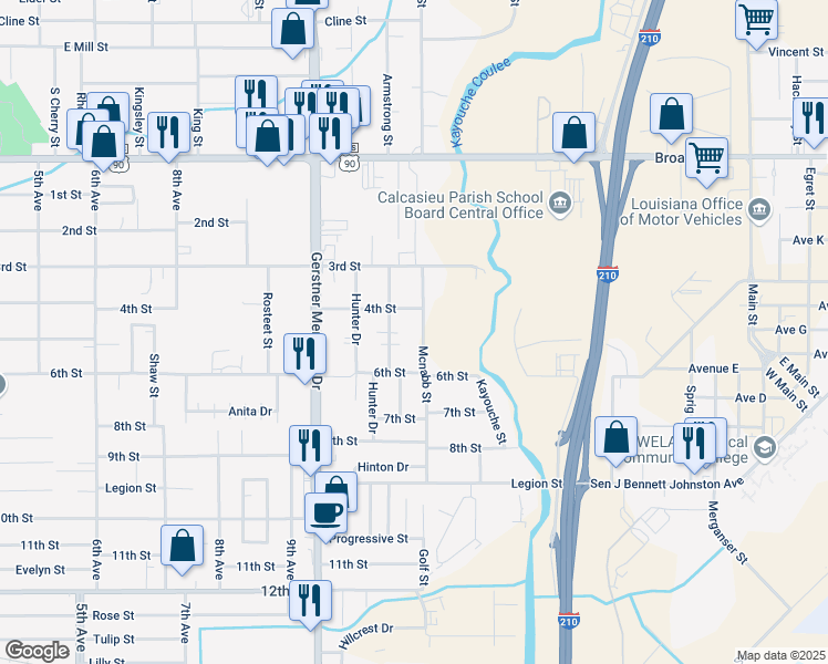map of restaurants, bars, coffee shops, grocery stores, and more near 1209 Summit St in Lake Charles