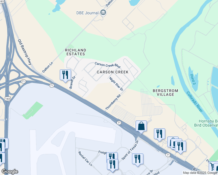 map of restaurants, bars, coffee shops, grocery stores, and more near 1600 Landing Lane in Del Valle