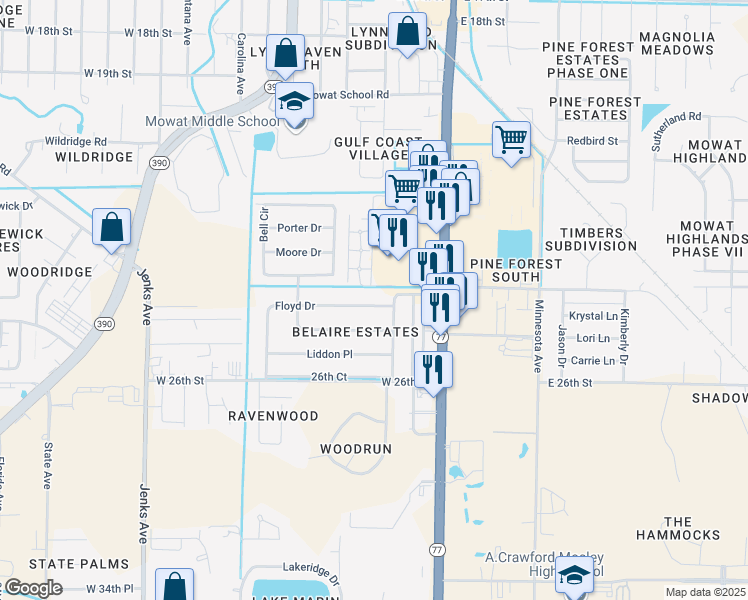 map of restaurants, bars, coffee shops, grocery stores, and more near 306 Floyd Drive in Lynn Haven