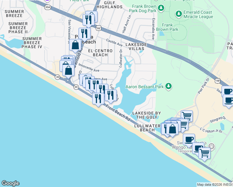 map of restaurants, bars, coffee shops, grocery stores, and more near 407 Lullwater Drive in Panama City Beach