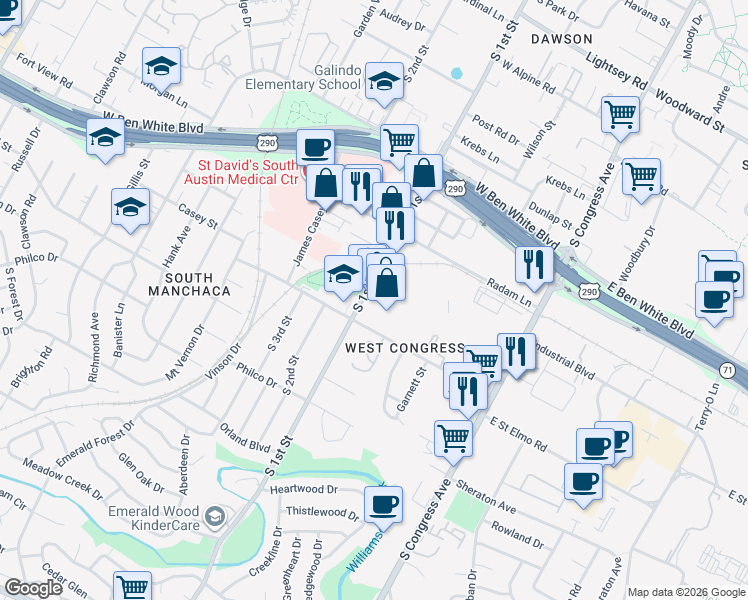 map of restaurants, bars, coffee shops, grocery stores, and more near 4315 South 1st Street in Austin