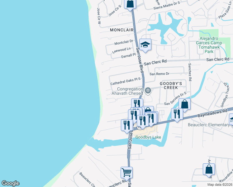 map of restaurants, bars, coffee shops, grocery stores, and more near 3622 Cathedral Cove Rd in Jacksonville