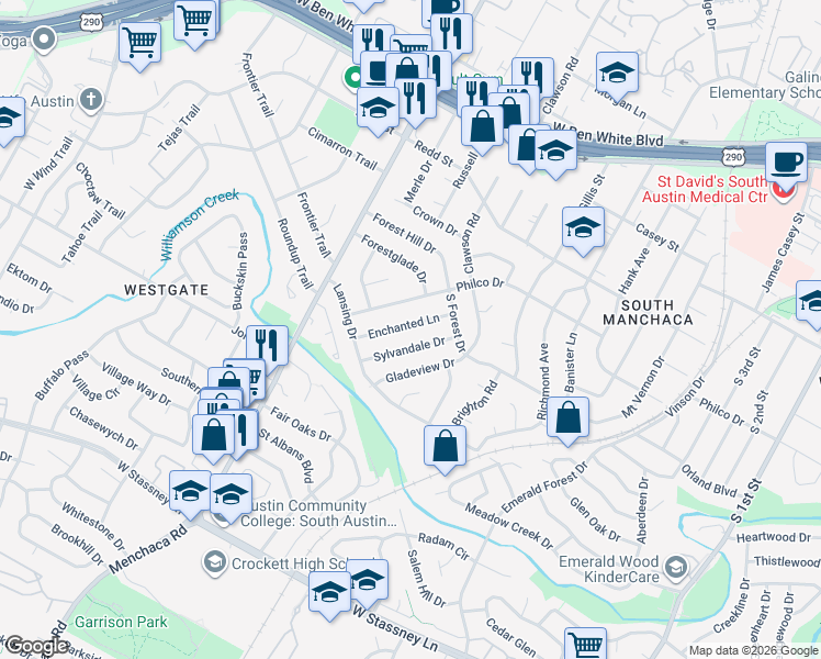 map of restaurants, bars, coffee shops, grocery stores, and more near 4805 Enchanted Lane in Austin