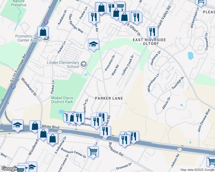 map of restaurants, bars, coffee shops, grocery stores, and more near 2905 Burleson Road in Austin