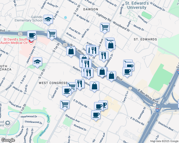 map of restaurants, bars, coffee shops, grocery stores, and more near 4101 South Congress Avenue in Austin