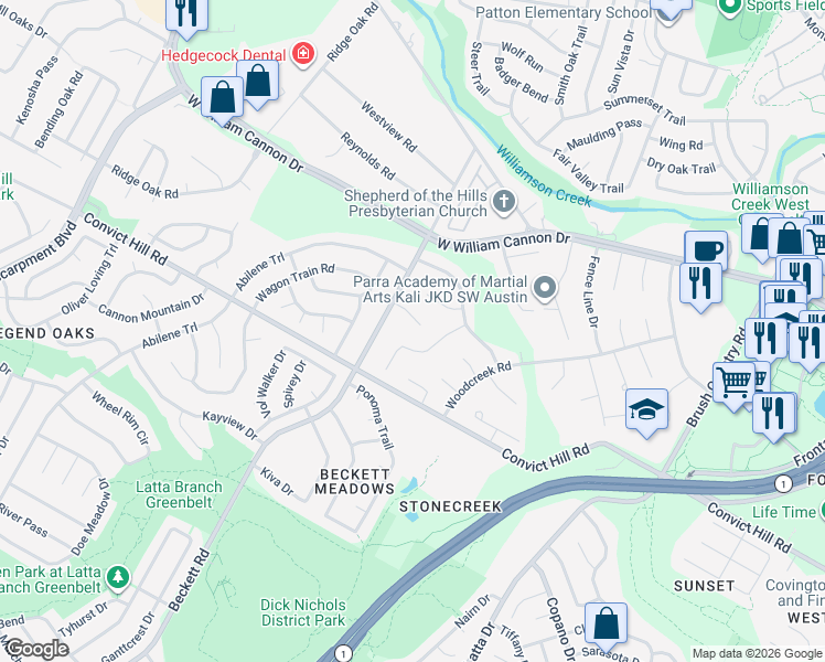 map of restaurants, bars, coffee shops, grocery stores, and more near 5303 Beckett Circle in Austin