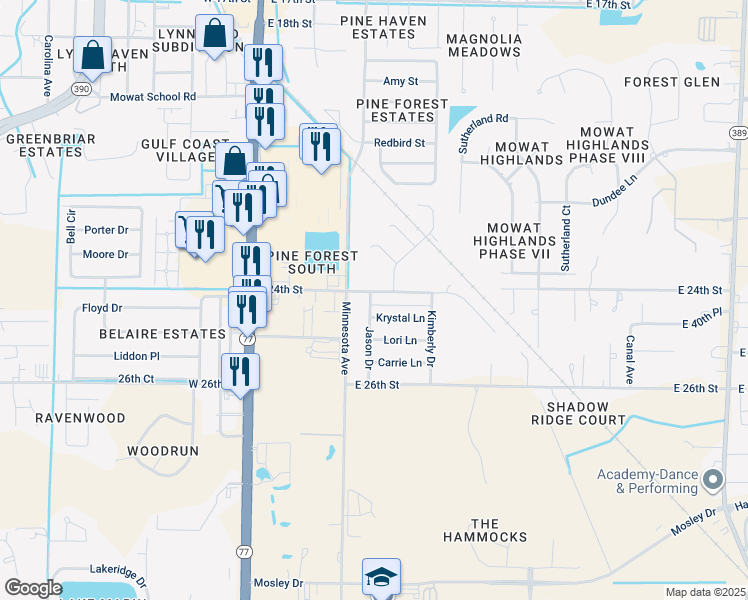 map of restaurants, bars, coffee shops, grocery stores, and more near 503 East 24th Street in Lynn Haven