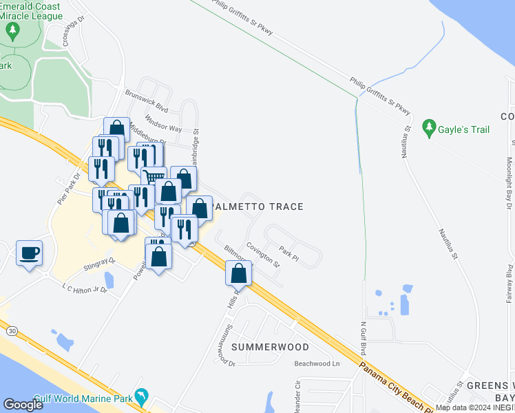 map of restaurants, bars, coffee shops, grocery stores, and more near 243 Oxford Avenue in Panama City Beach
