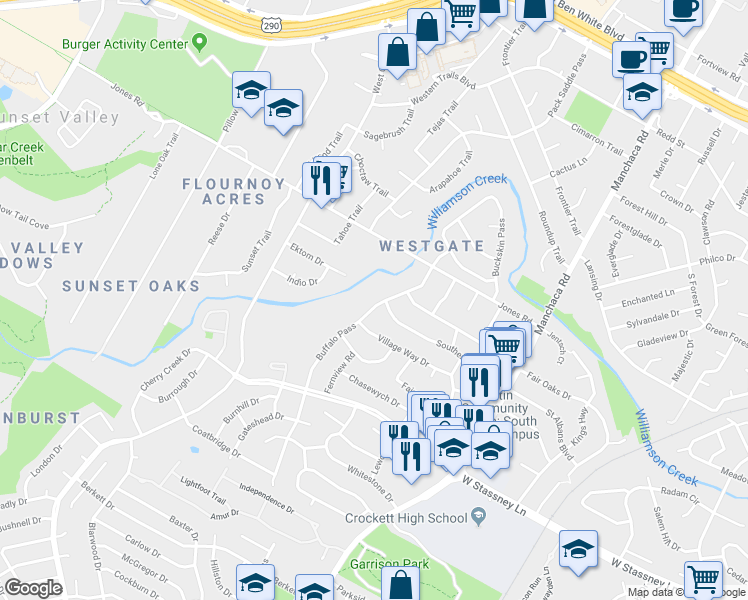 map of restaurants, bars, coffee shops, grocery stores, and more near 5302 Buffalo Pass in Austin