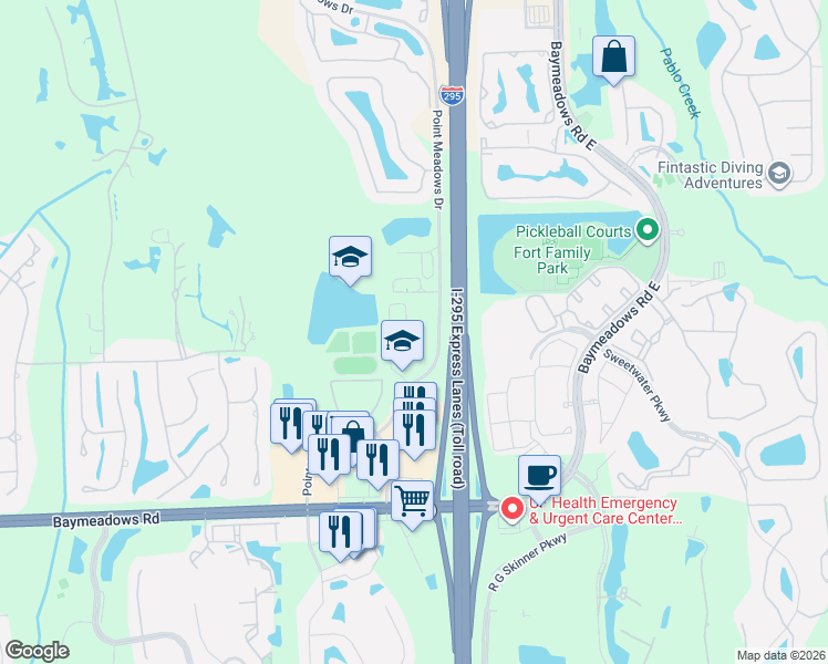 map of restaurants, bars, coffee shops, grocery stores, and more near Twin Lakes Middle Ac in Jacksonville