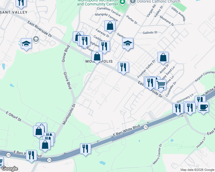 map of restaurants, bars, coffee shops, grocery stores, and more near 2108 Thrasher Lane in Austin