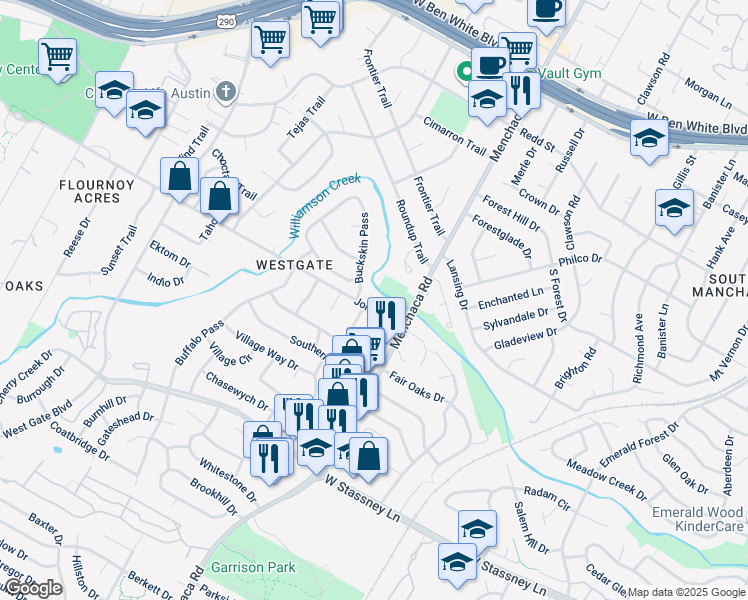 map of restaurants, bars, coffee shops, grocery stores, and more near 5009 Buckskin Pass in Austin