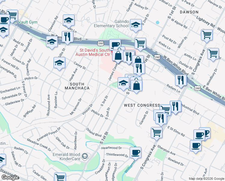 map of restaurants, bars, coffee shops, grocery stores, and more near 709 West Saint Elmo Road in Austin
