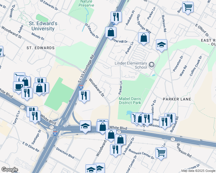 map of restaurants, bars, coffee shops, grocery stores, and more near 1712 Woodward Street in Austin