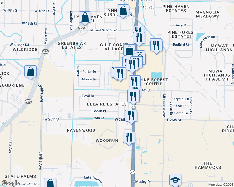 map of restaurants, bars, coffee shops, grocery stores, and more near 302 Floyd Dr in Lynn Haven