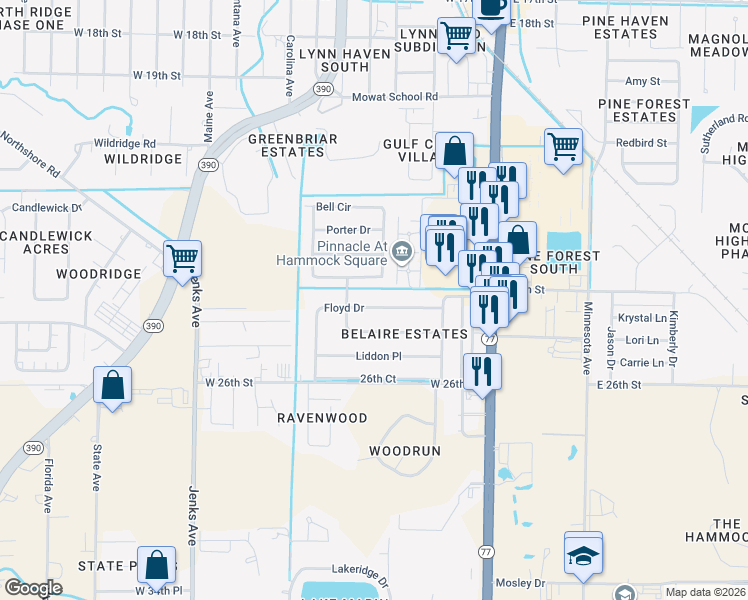 map of restaurants, bars, coffee shops, grocery stores, and more near 320 Floyd Dr in Lynn Haven
