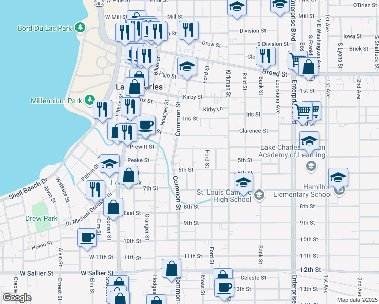 map of restaurants, bars, coffee shops, grocery stores, and more near 628 Cleveland Street in Lake Charles