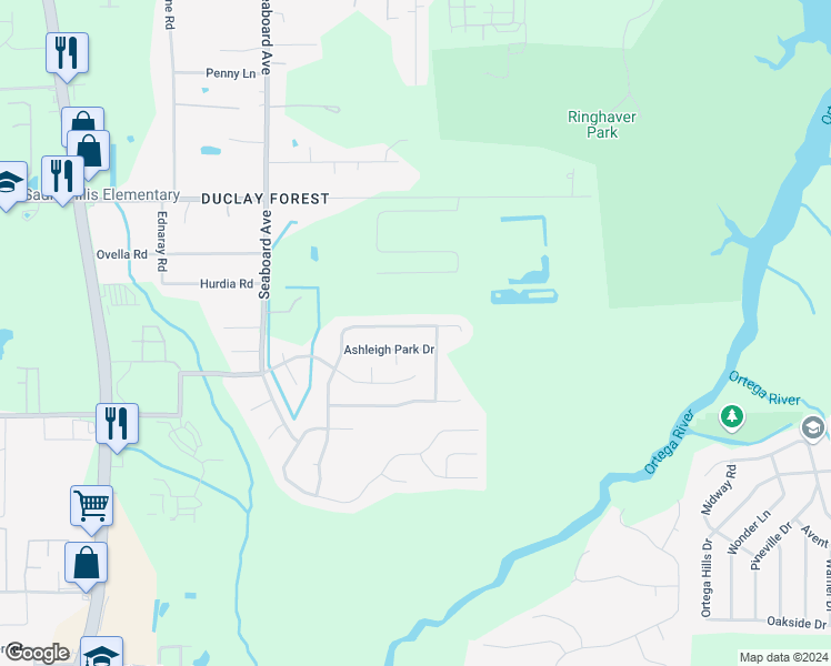 map of restaurants, bars, coffee shops, grocery stores, and more near 5514 Lafayette Park Drive North in Jacksonville