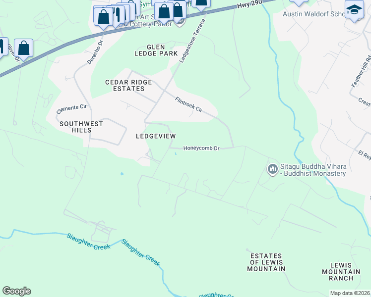 map of restaurants, bars, coffee shops, grocery stores, and more near 9410 Honeycomb Drive in Austin