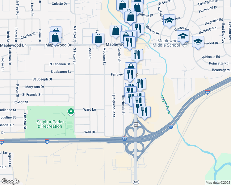 map of restaurants, bars, coffee shops, grocery stores, and more near 217 Quelqueshue Street in Sulphur