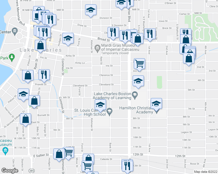 map of restaurants, bars, coffee shops, grocery stores, and more near 1300 Bank Street in Lake Charles