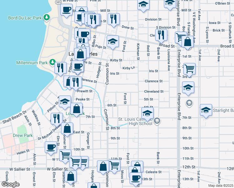 map of restaurants, bars, coffee shops, grocery stores, and more near 628 Cleveland Street in Lake Charles