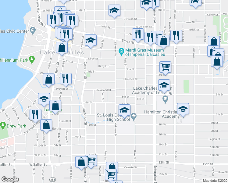 map of restaurants, bars, coffee shops, grocery stores, and more near 742 Cleveland Street in Lake Charles