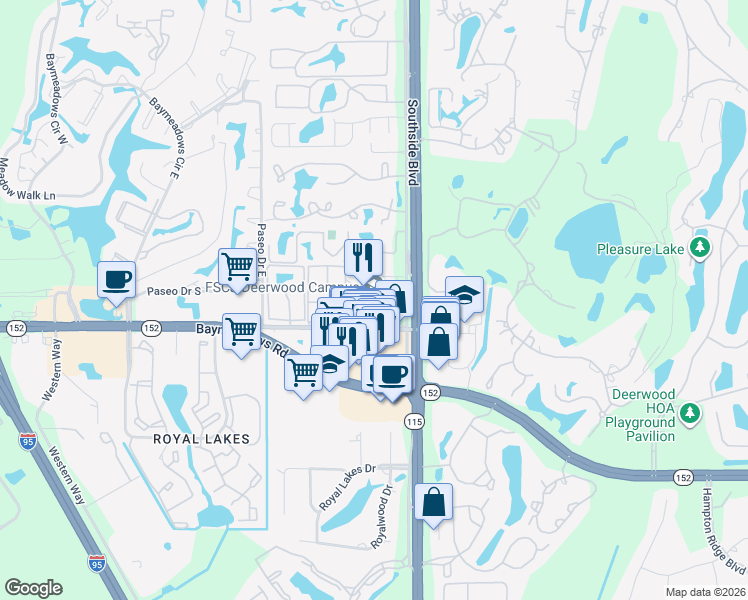 map of restaurants, bars, coffee shops, grocery stores, and more near 9911 Old Baymeadows Road in Jacksonville