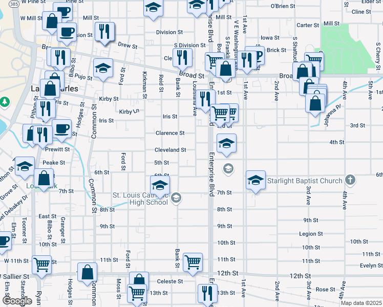 map of restaurants, bars, coffee shops, grocery stores, and more near 1301-1305 Louisiana Avenue in Lake Charles