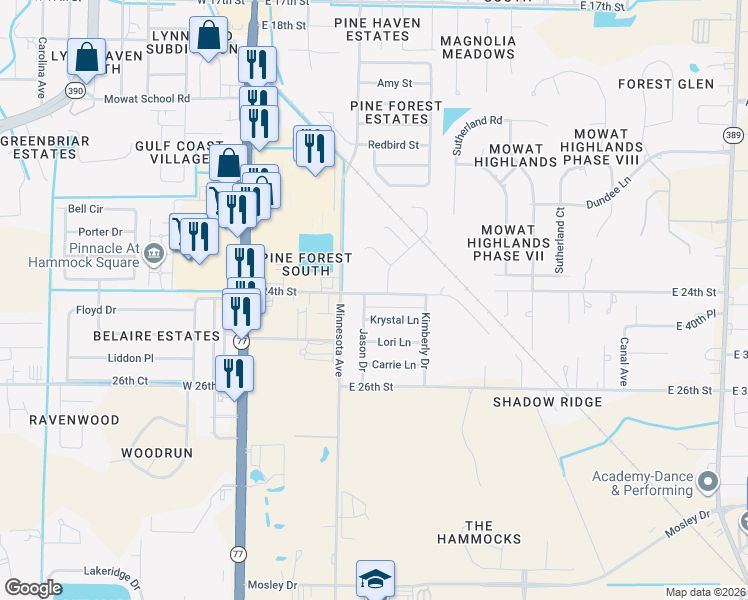 map of restaurants, bars, coffee shops, grocery stores, and more near 503 East 24th Street in Lynn Haven