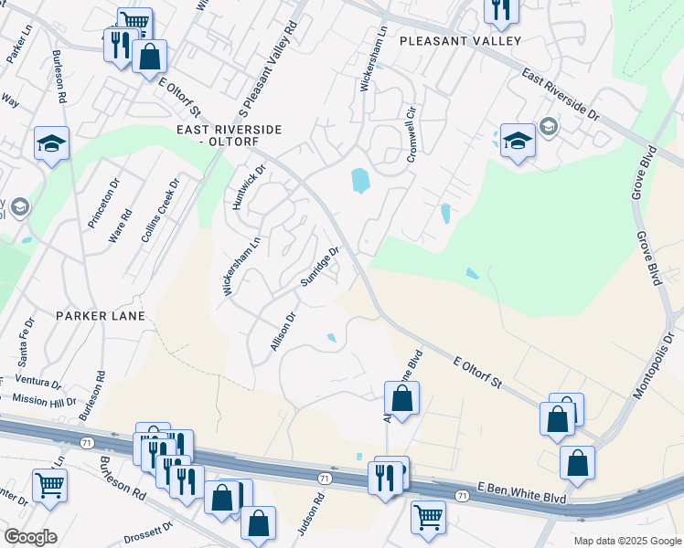 map of restaurants, bars, coffee shops, grocery stores, and more near 2701 Sunridge Drive in Austin