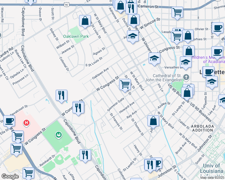 map of restaurants, bars, coffee shops, grocery stores, and more near 748 Saint Thomas Street in Lafayette