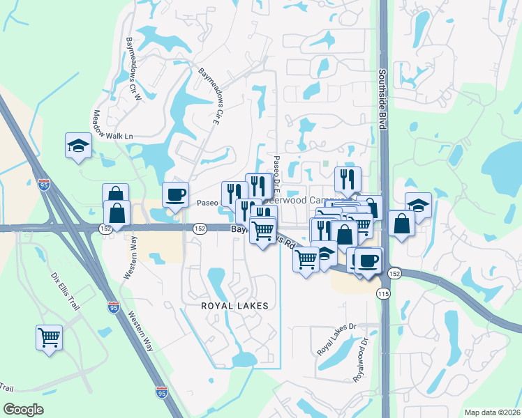 map of restaurants, bars, coffee shops, grocery stores, and more near 9551 Baymeadows Road in Jacksonville