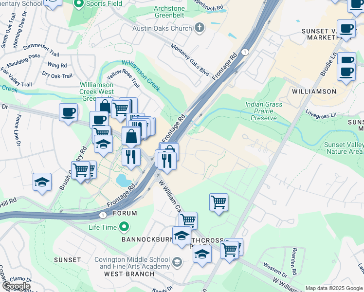 map of restaurants, bars, coffee shops, grocery stores, and more near 66110 Frontage Road in Austin