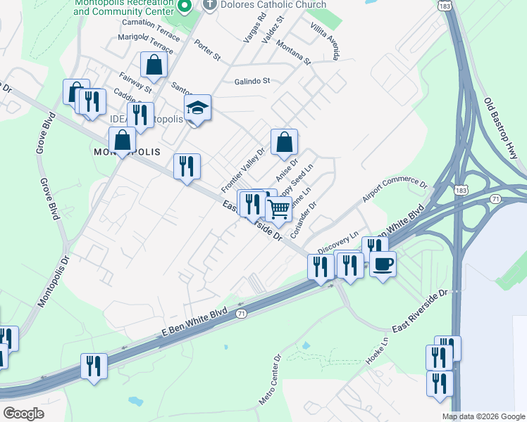 map of restaurants, bars, coffee shops, grocery stores, and more near 7117 Cayenne Lane in Austin