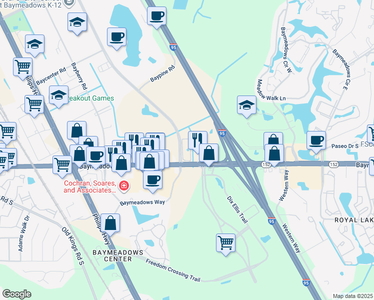 map of restaurants, bars, coffee shops, grocery stores, and more near 8737 Baymeadows Road in Jacksonville